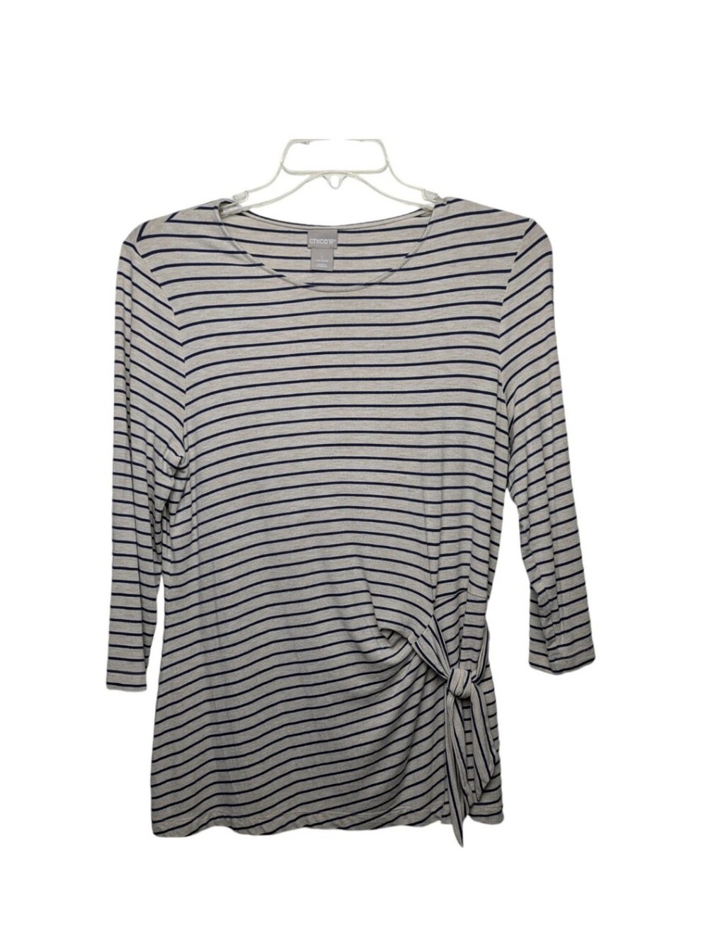 Chicos 1 Side Tie Knot Top Medium Navy Taupe Stripes